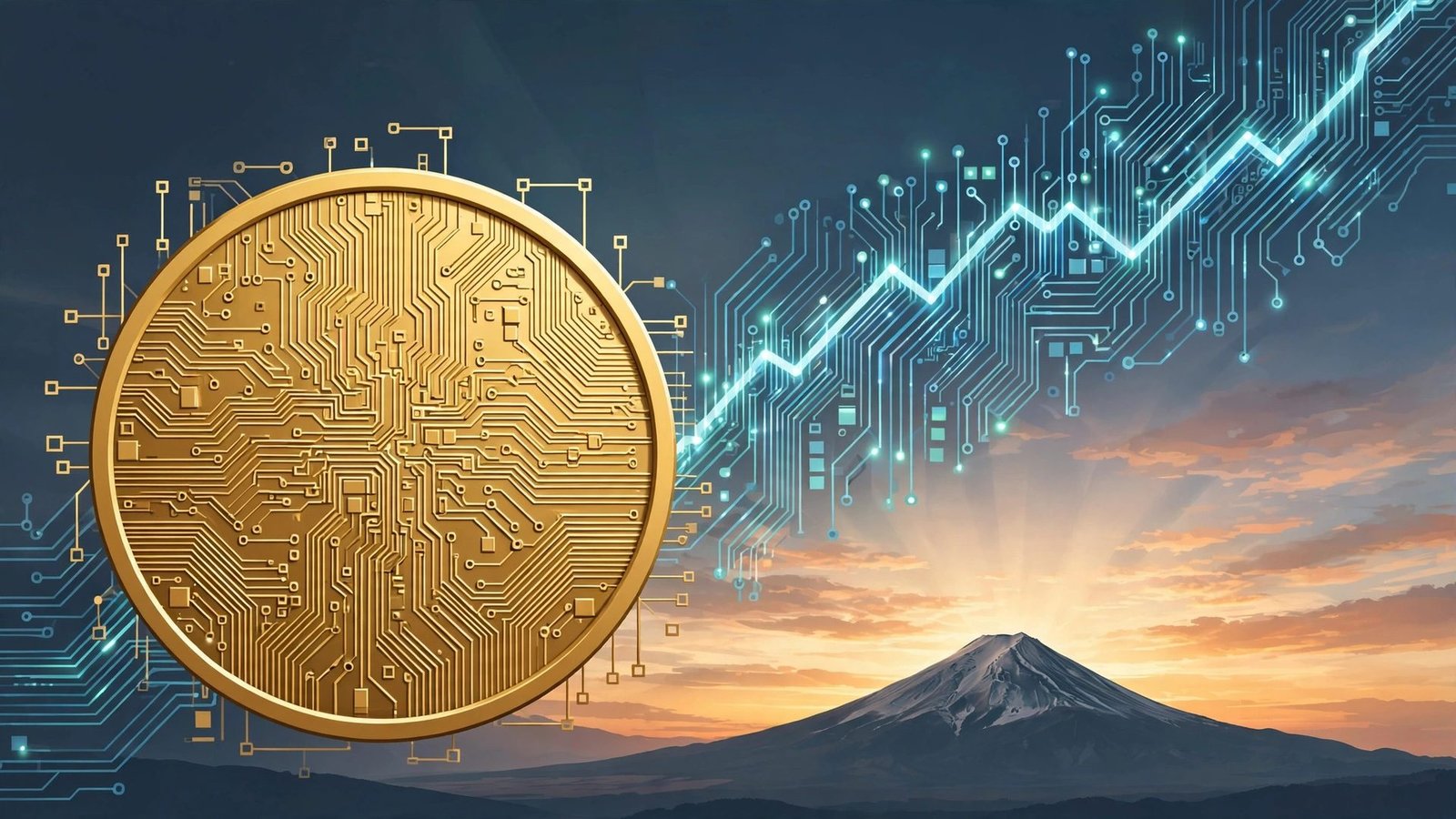 Editorial illustration of a Japanese yen coin with a rising circuit-board stock chart and Mount Fuji silhouette.