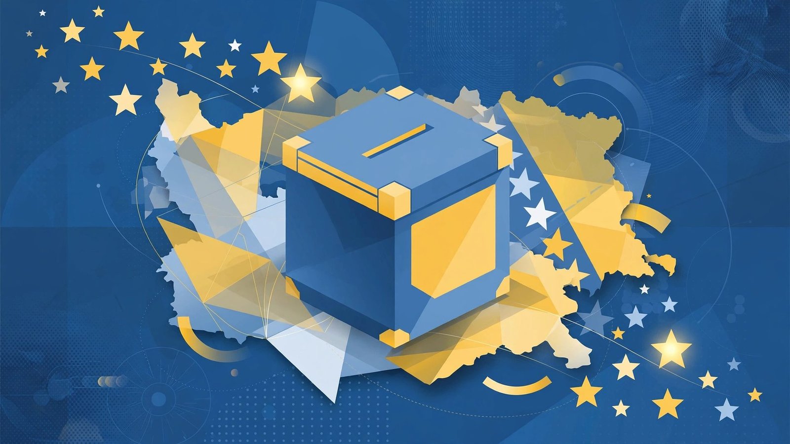 Editorial illustration of a ballot box in Bosnian blue and yellow colors with abstract map shapes, symbolizing the general election.