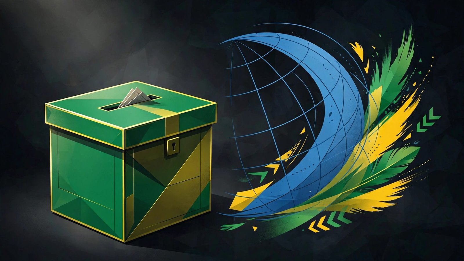 An editorial illustration of a ballot box beside an abstract Brazilian flag motif, symbolising the October 25 presidential runoff.