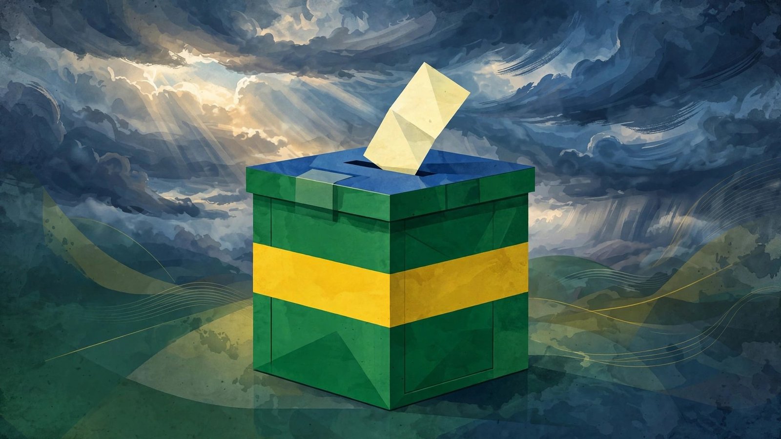 Editorial illustration of a ballot box in Brazilian flag colors under a dramatic sky, symbolizing the presidential runoff.