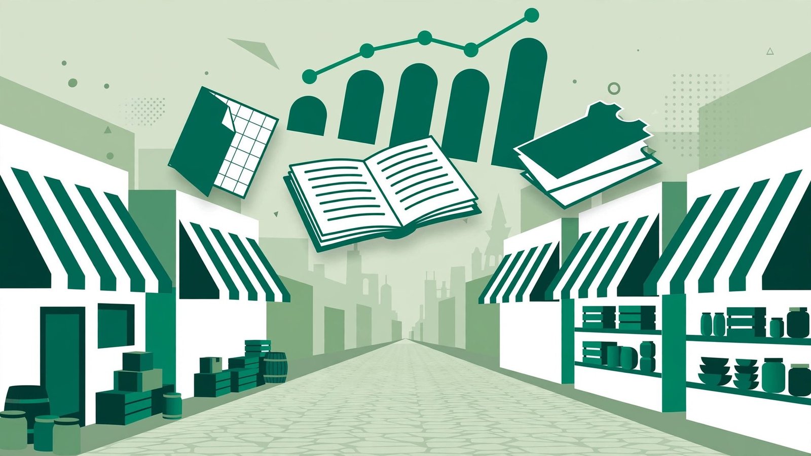 Editorial illustration of a modern market street with geometric tax document shapes in soft news-graphic style.
