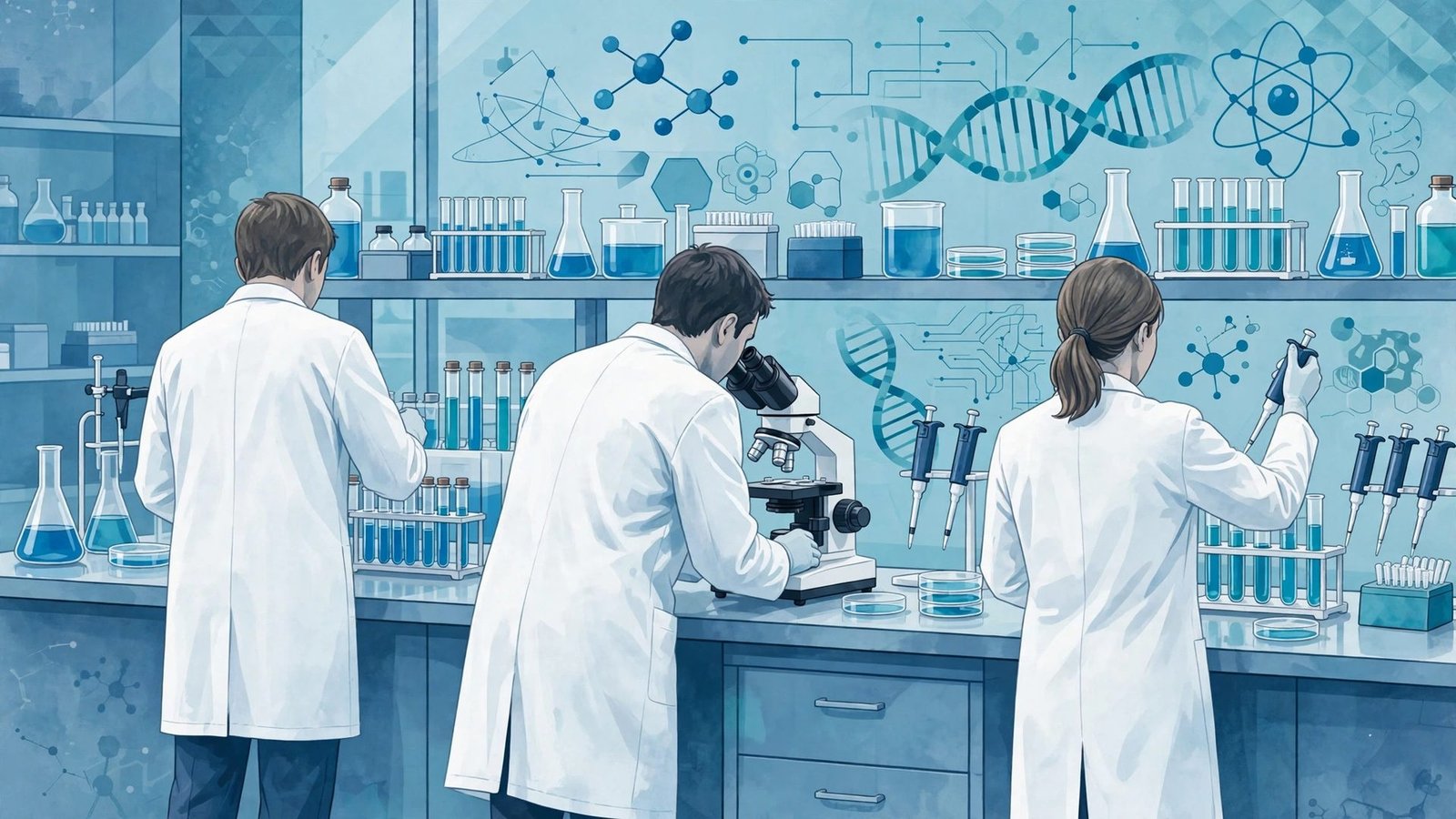 Editorial illustration of a modern pharmaceutical research laboratory with glass vials and a microscope, suggesting drug development work.