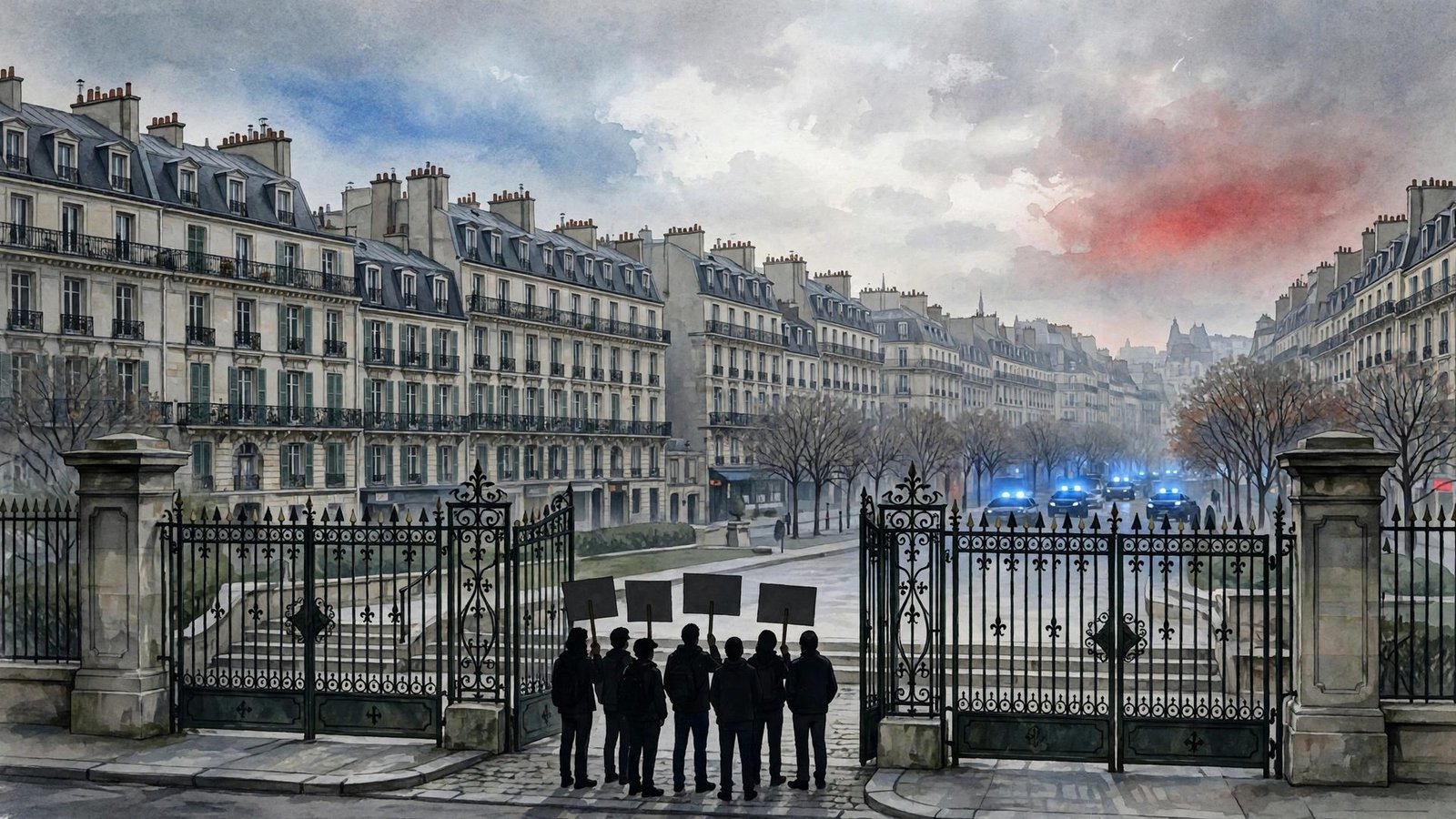 A symbolic editorial illustration of a Paris school protest, with a barricaded school entrance, banner-bearing demonstrators in silhouette and glowing police lights in tricolor hues.