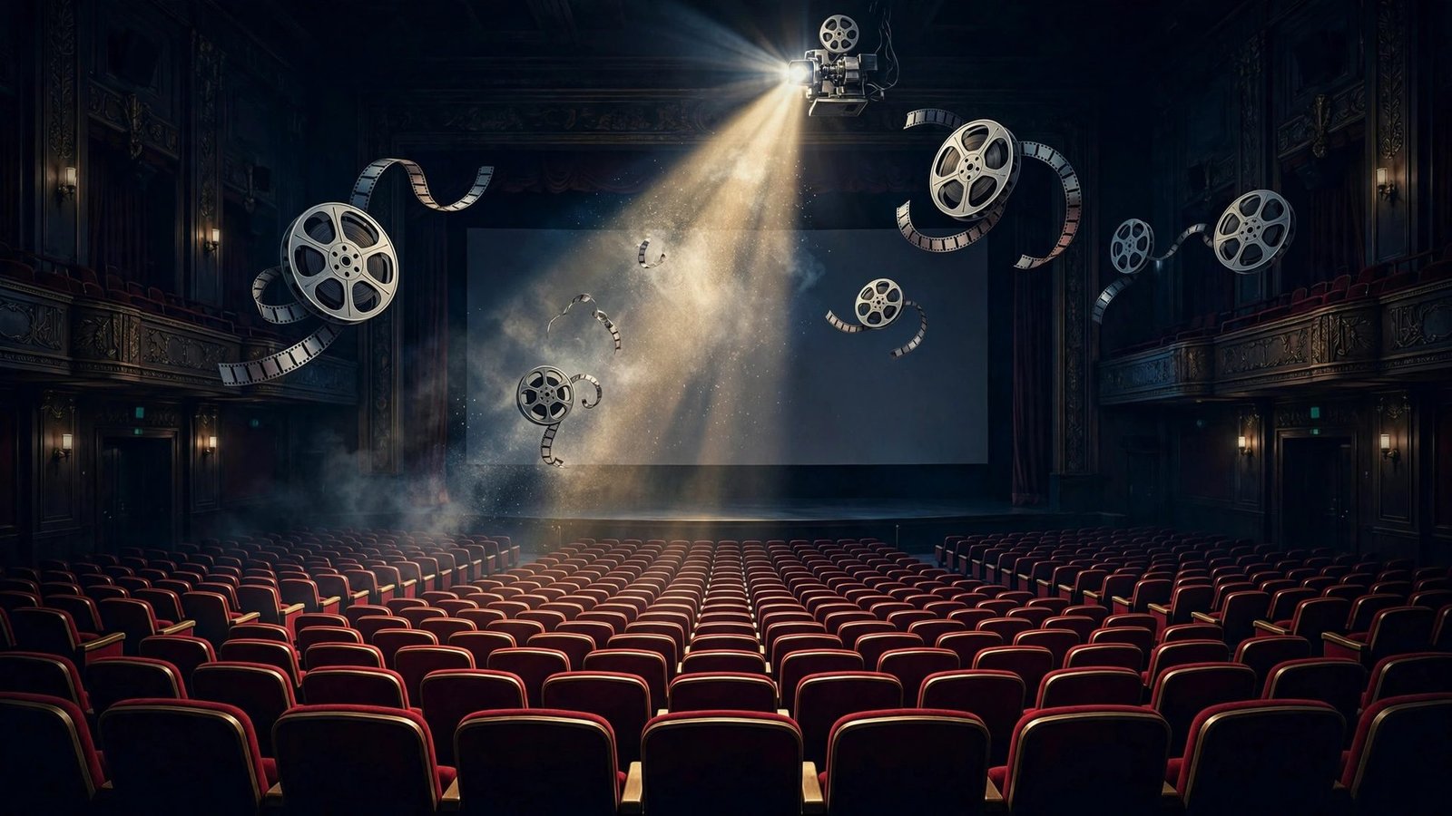 Illustration of a cinema auditorium with a projector beam and film reels, symbolising an independent film festival.