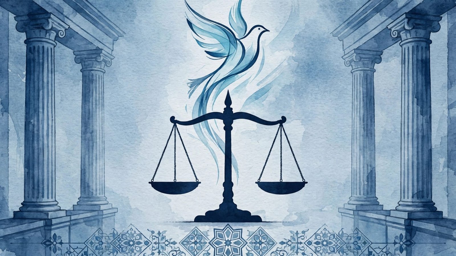 Symbolic editorial illustration of international justice and women's rights in Afghanistan
