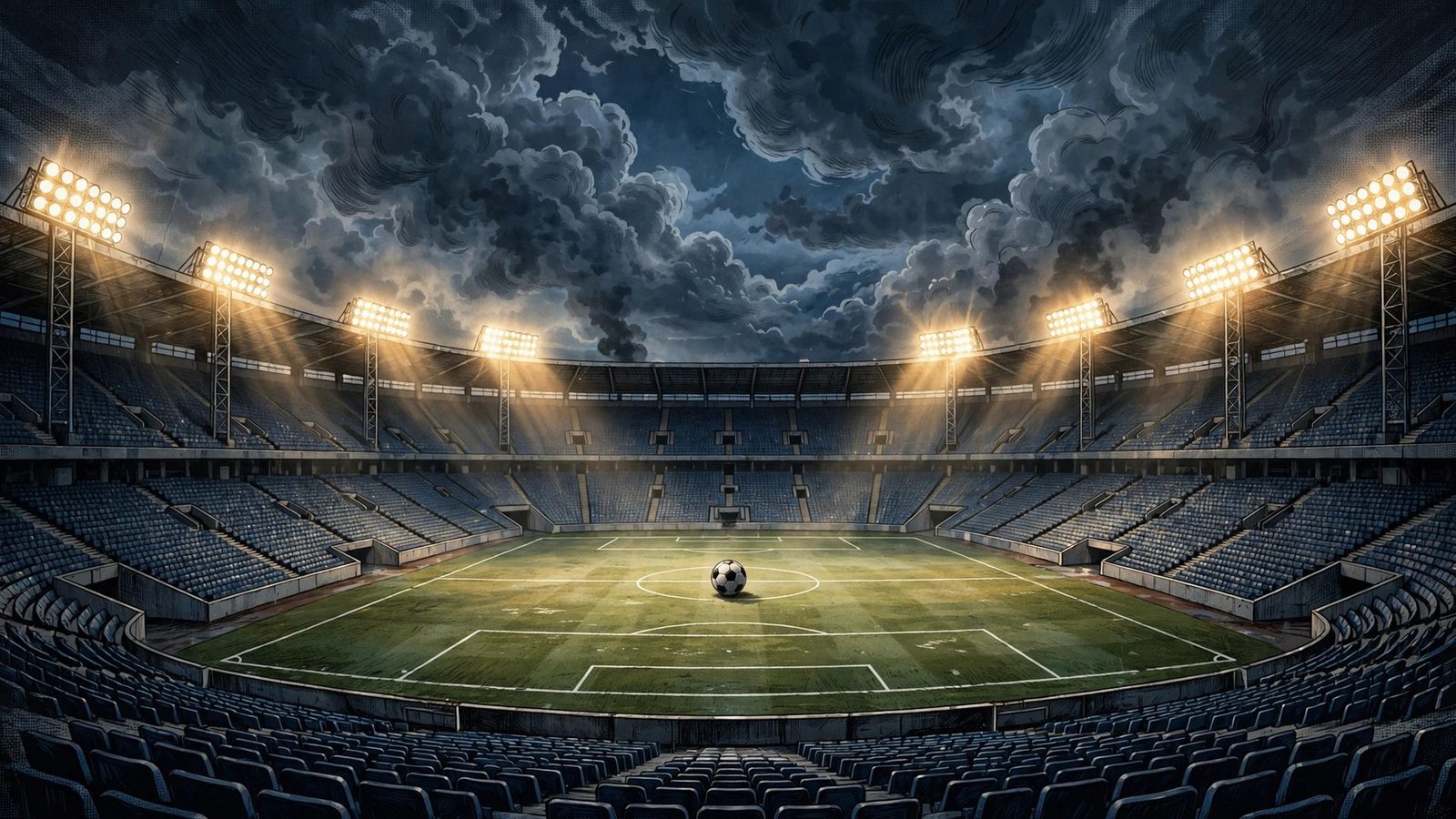 An empty floodlit football stadium at night with a single ball on the center spot under a dramatic sky.