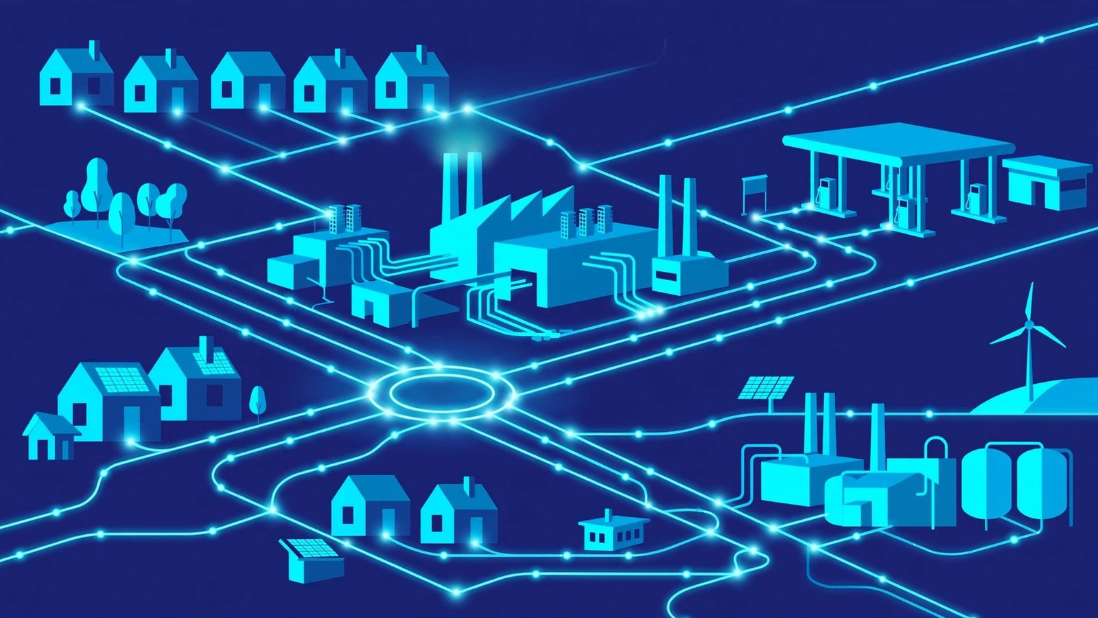 A glowing blue gas pipeline network flowing across a stylised cityscape with homes, factories and fuel stations connected by nodes, symbolising the clean-energy distribution plan.