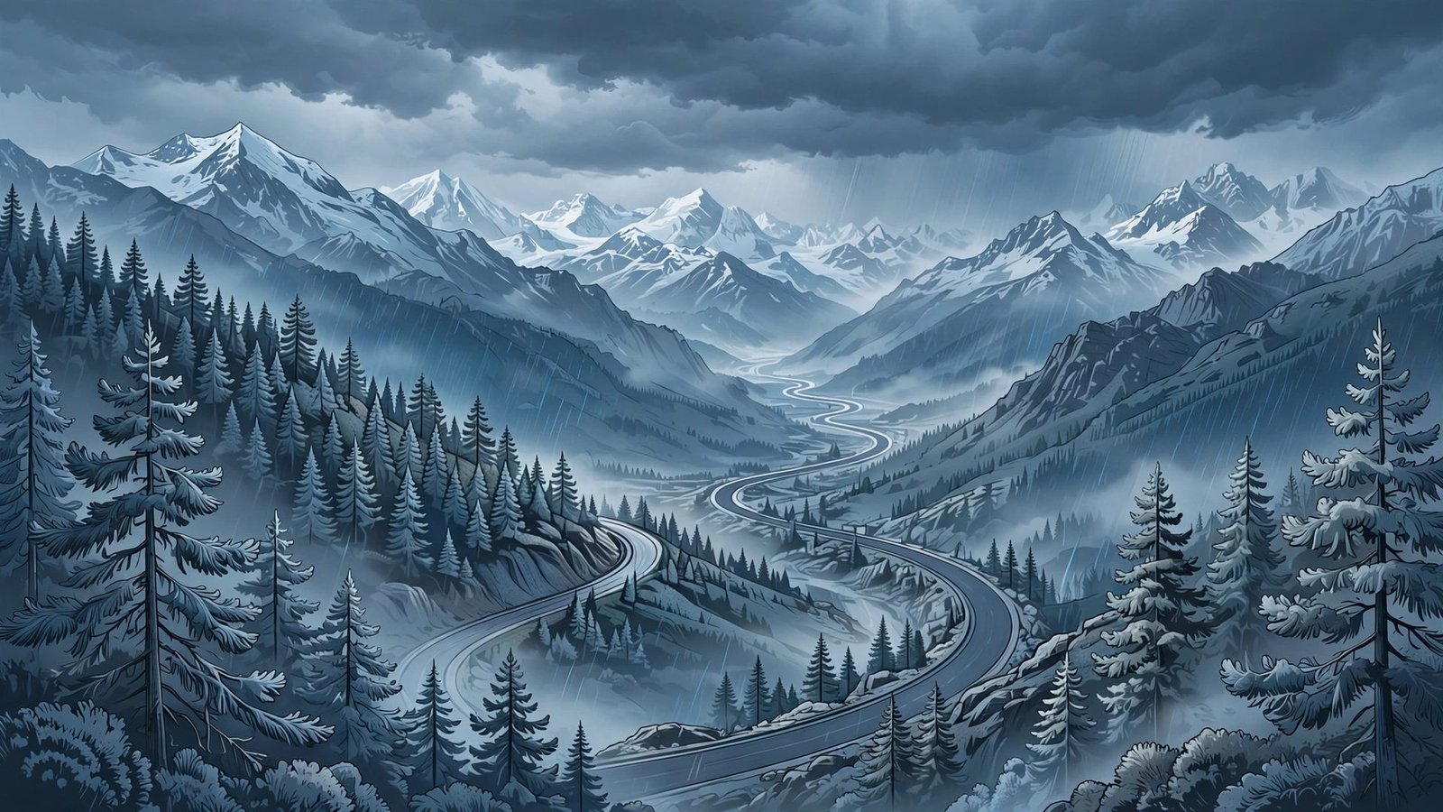 Symbolic news graphic of a rainy mountain valley with snow-covered peaks in Kashmir