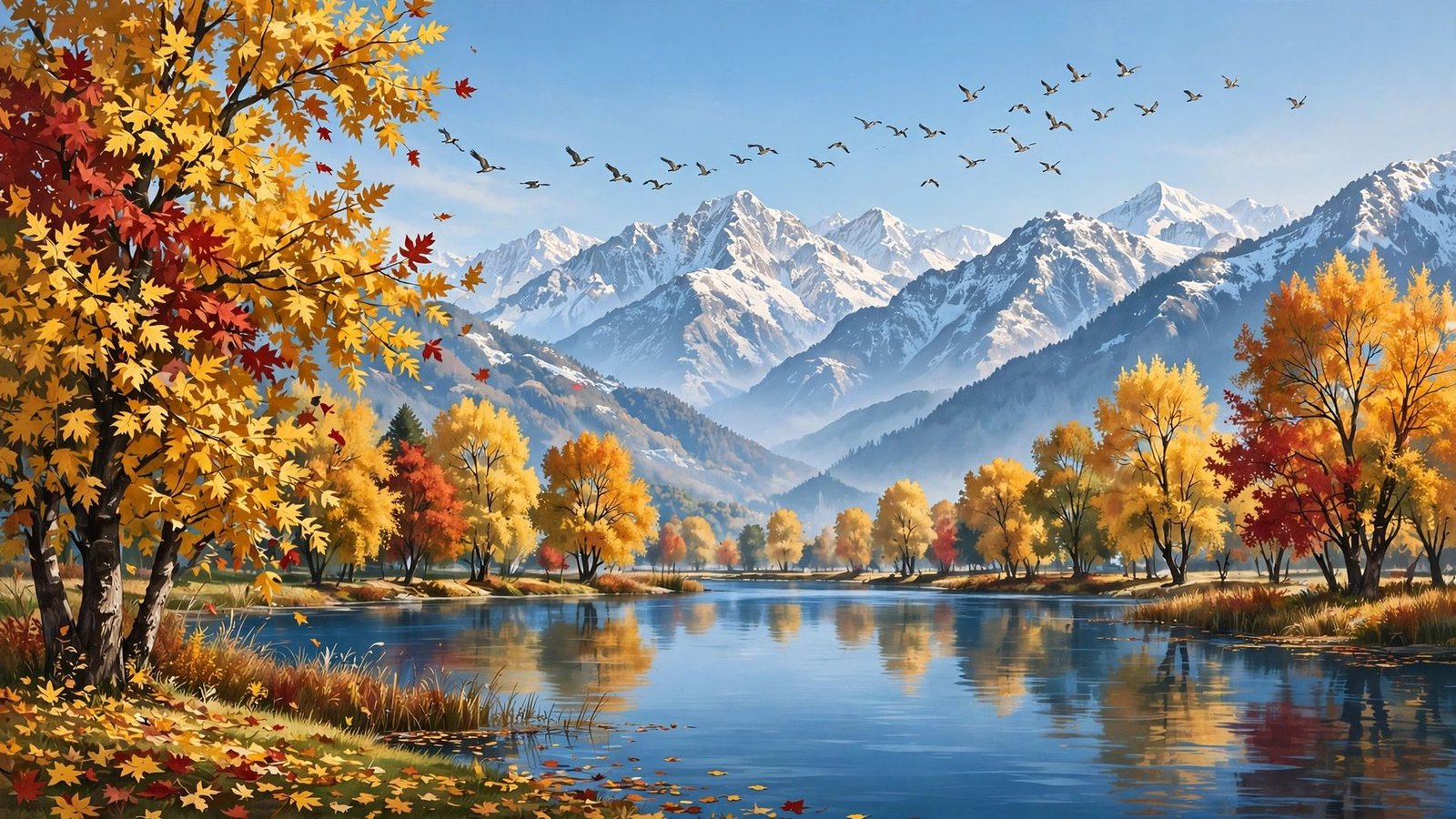 An editorial illustration of golden autumn chinar trees beside a serene lake with migratory birds flying overhead.