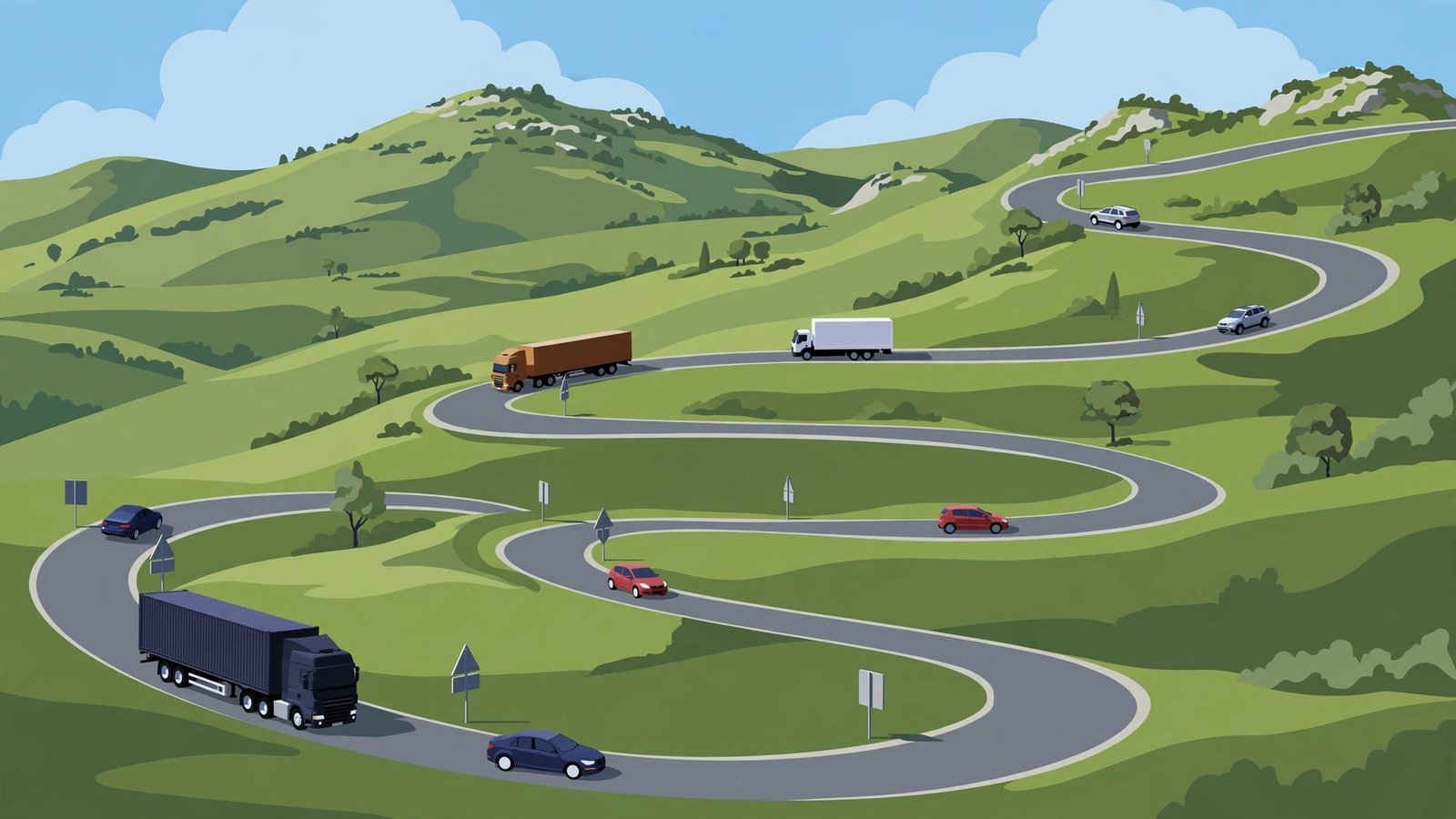 A winding mountain highway with trucks and cars between green hills, editorial illustration.