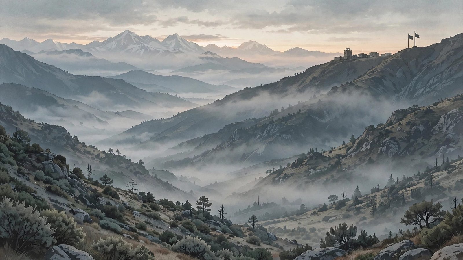 A mountain valley with a security post and flag silhouettes at dawn, editorial illustration.