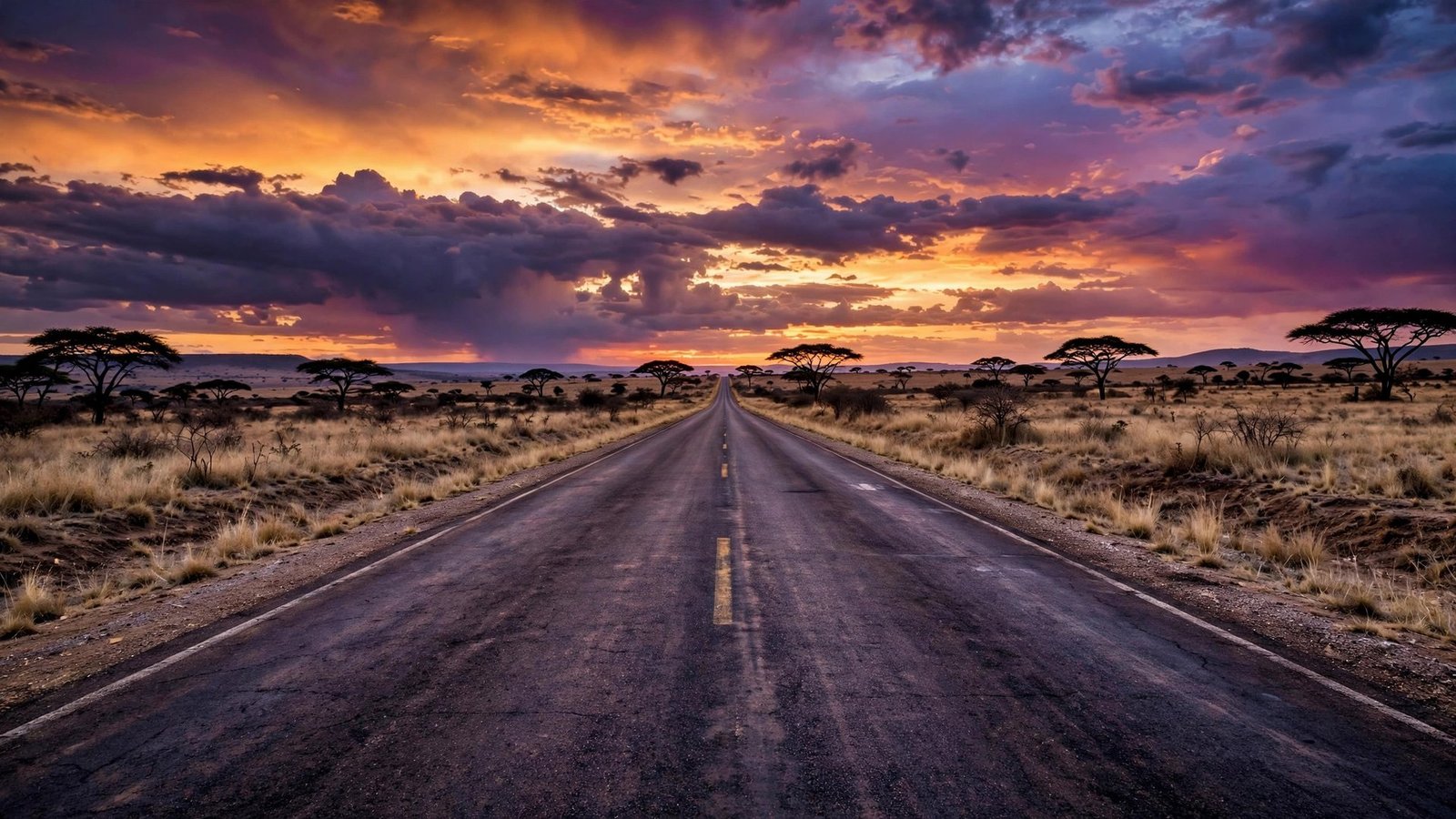 Editorial illustration of a highway through Kenyan savanna at dusk