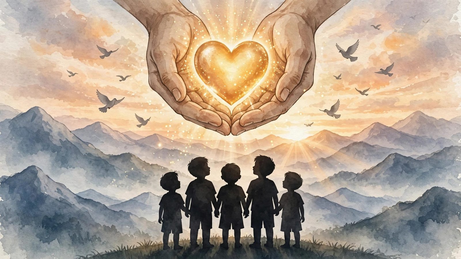 Symbolic editorial illustration of caring hands holding a glowing heart above children silhouettes, with a warm sunrise over mountain peaks, representing charity, orphan care and community welfare.
