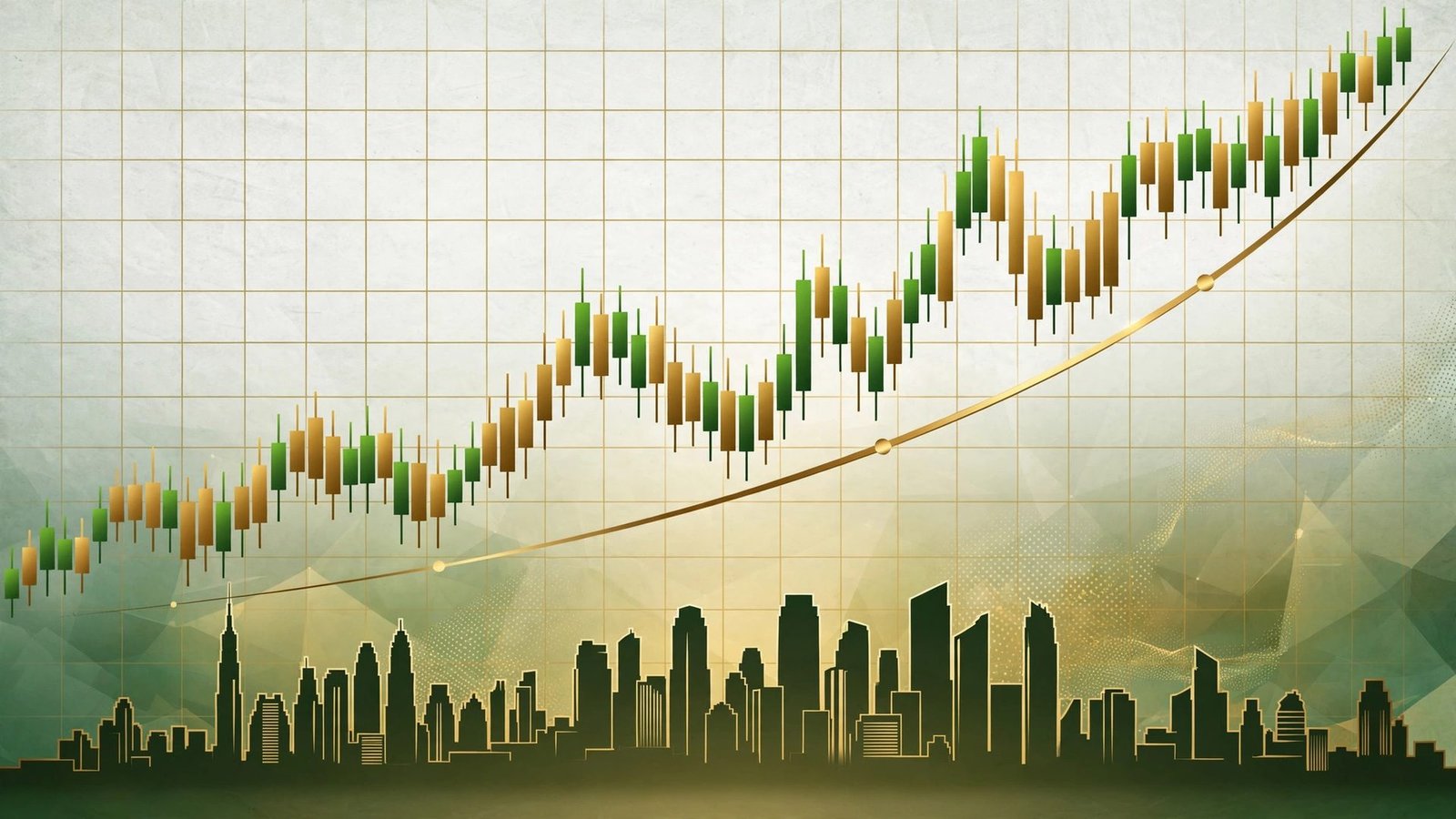 Editorial illustration of an upward stock market chart with candlesticks over a financial district skyline, symbolising a rising trading session.