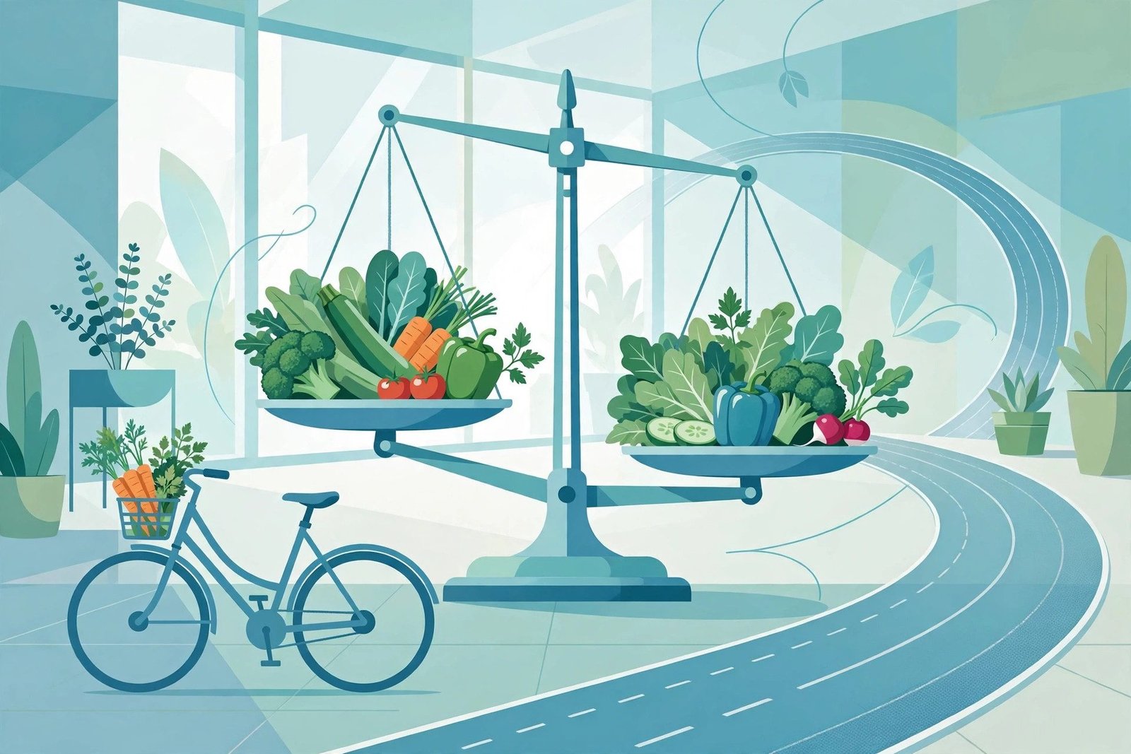 Editorial illustration of a balanced weighing scale with fresh vegetables, a bicycle and a running track, symbolising healthy lifestyle.