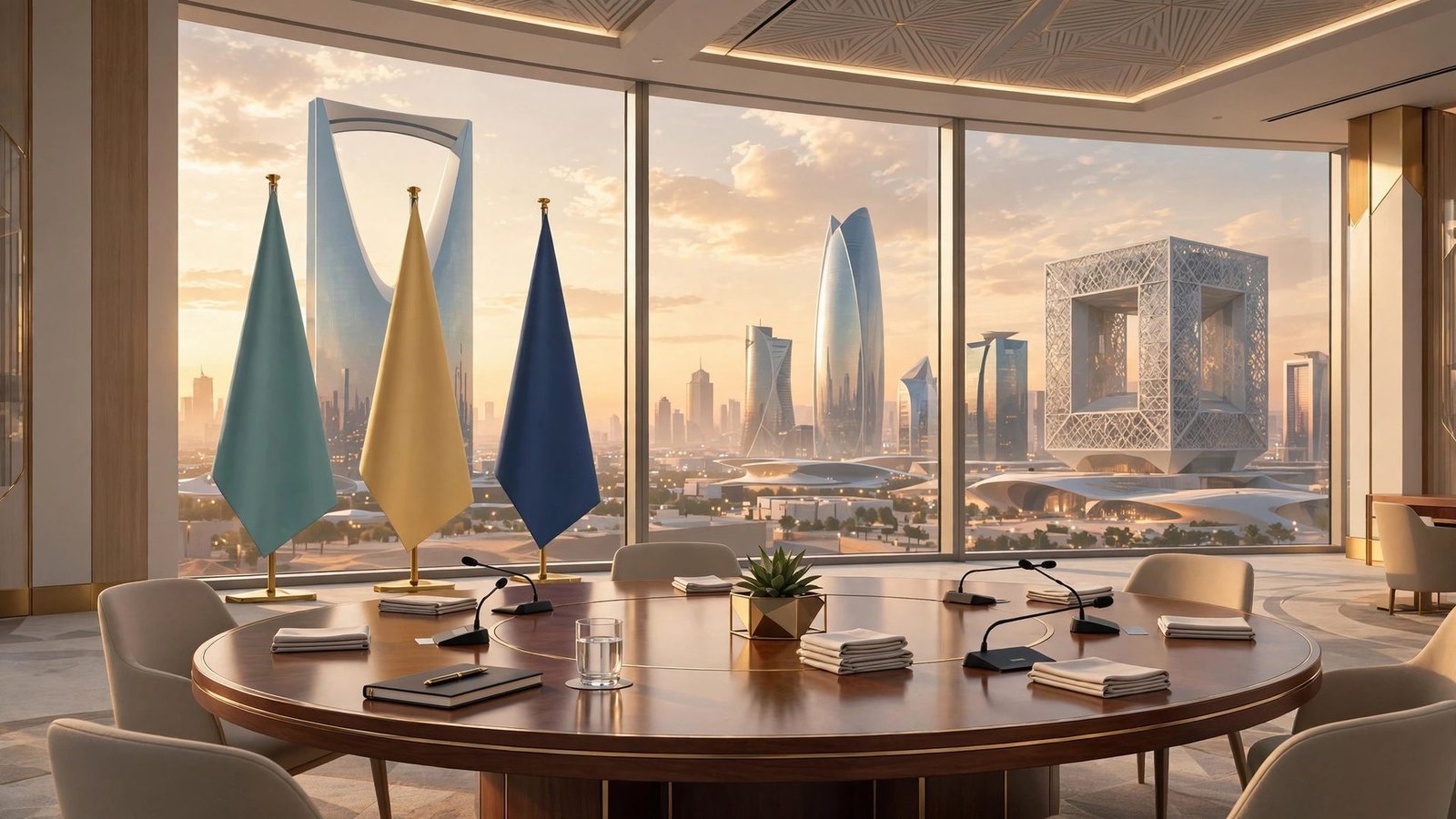 Illustration of a diplomatic roundtable with abstract flags and the Riyadh skyline, symbolising trilateral defence talks.