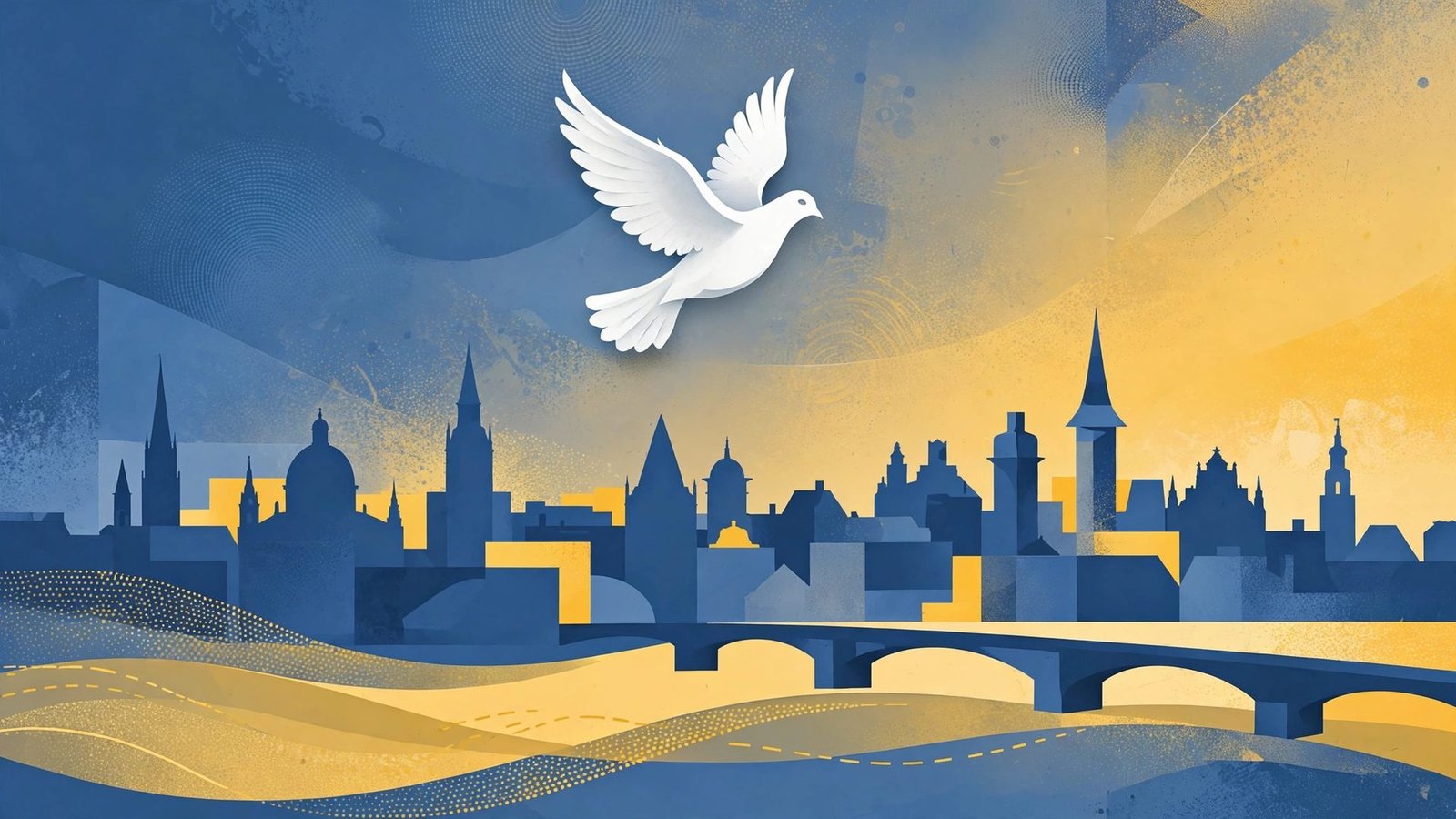 Editorial illustration of a dove over a stylized city skyline at dusk with a bridge silhouette, symbolizing solidarity with Ukraine.