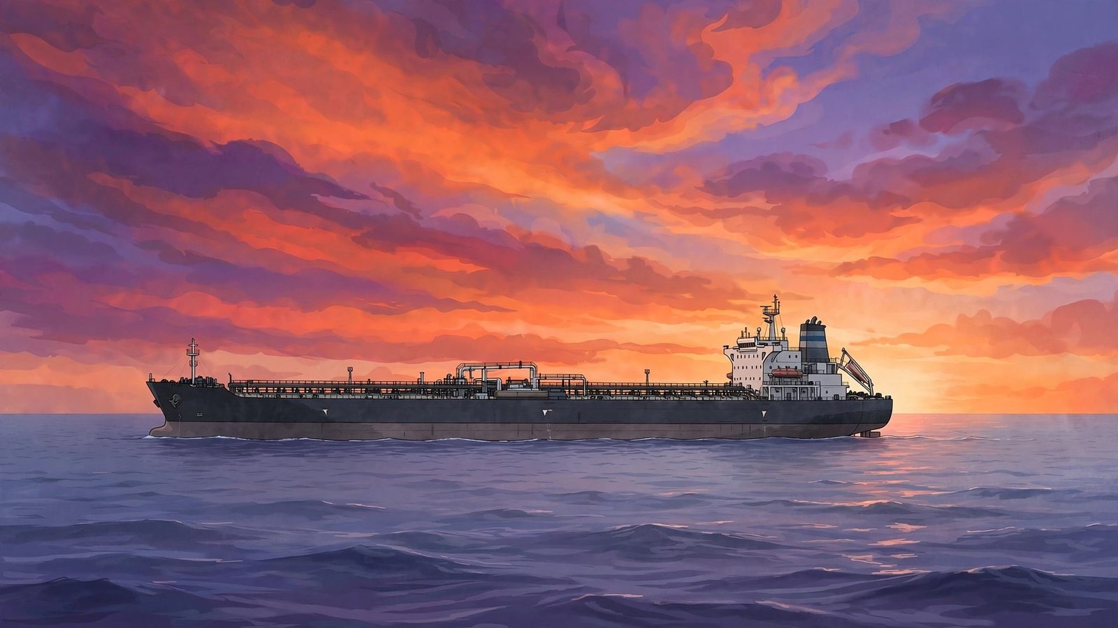 Illustration of a large oil tanker sailing at sea at sunset, symbolising Middle East crude exports.