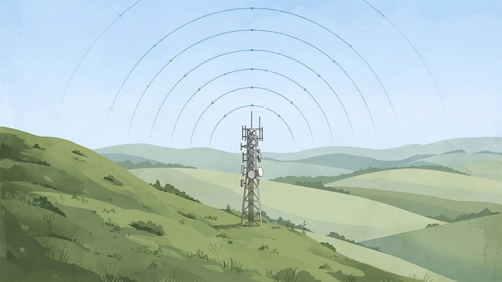 Editorial illustration of a mobile telecom tower on a green mountain hillside with signal arcs in the sky, symbolising rural connectivity.