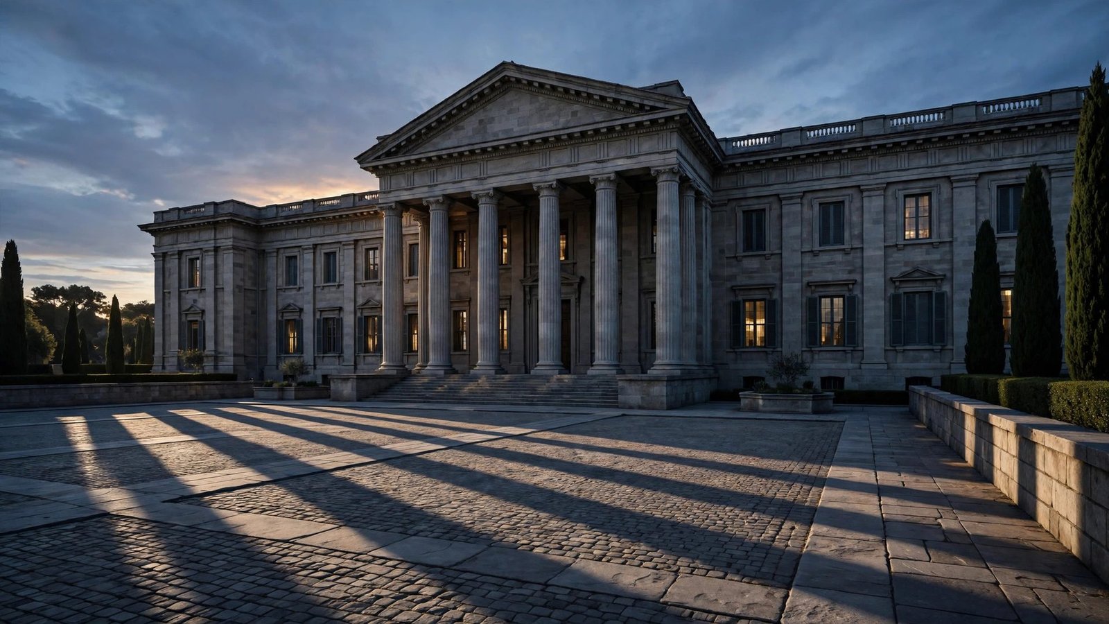Illustration of a grand presidential-style building at dusk, symbolising high-level political consultations.
