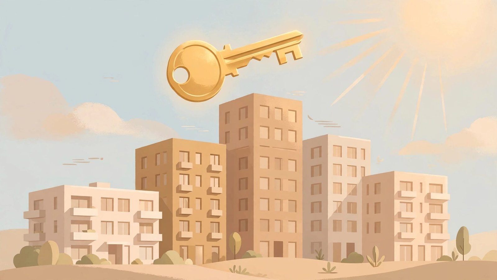 A symbolic editorial illustration of modern affordable apartment buildings under a clear sky with a large stylised key above the rooftops, representing home ownership.