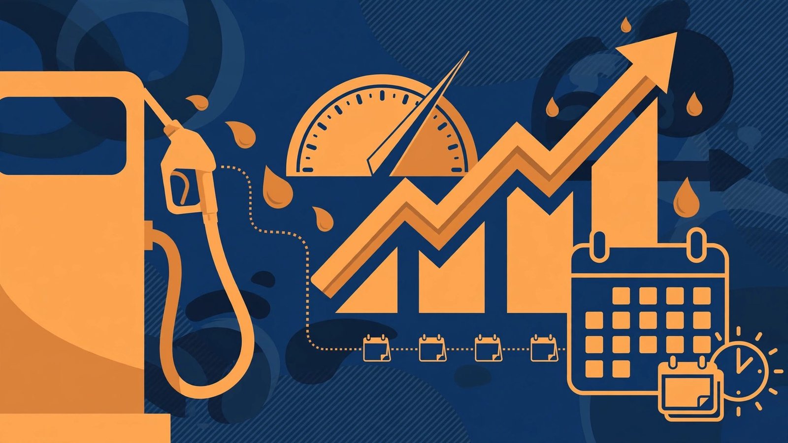 Editorial illustration showing a stylised fuel pump, a rising price gauge and a calendar motif symbolising daily fuel price reviews.