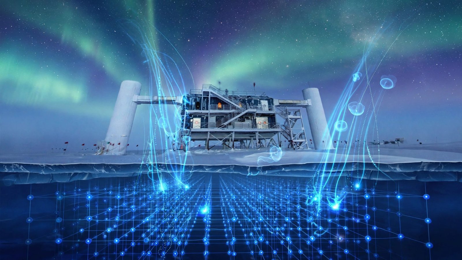 A symbolic editorial illustration of the IceCube Neutrino Observatory beneath the Antarctic ice, with cosmic particles streaming down from a starry sky into a glowing blue ice grid.