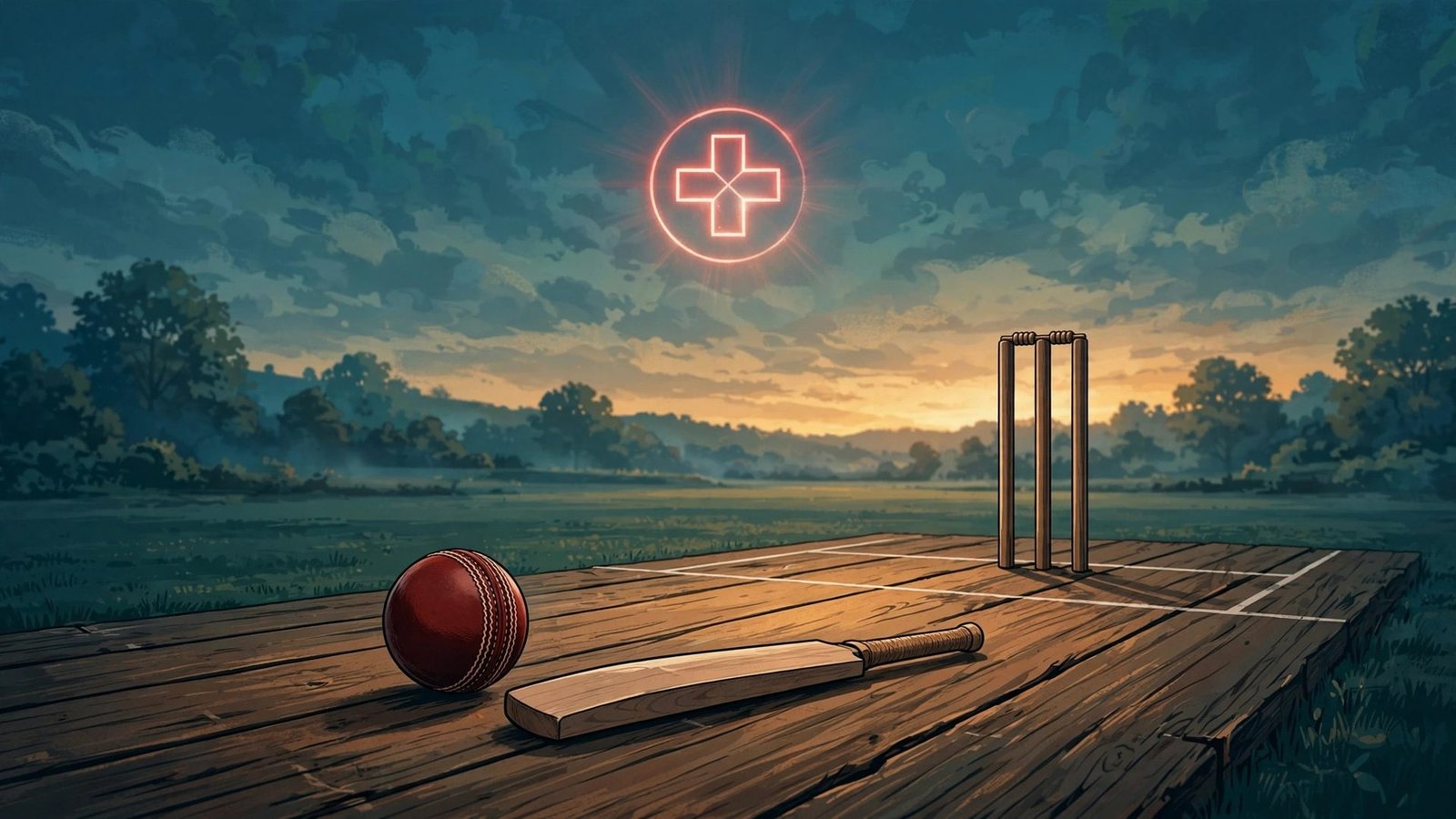 Editorial illustration of a cricket ball and bat on a pitch at dusk with a symbolic medical cross, representing a player injury setback.