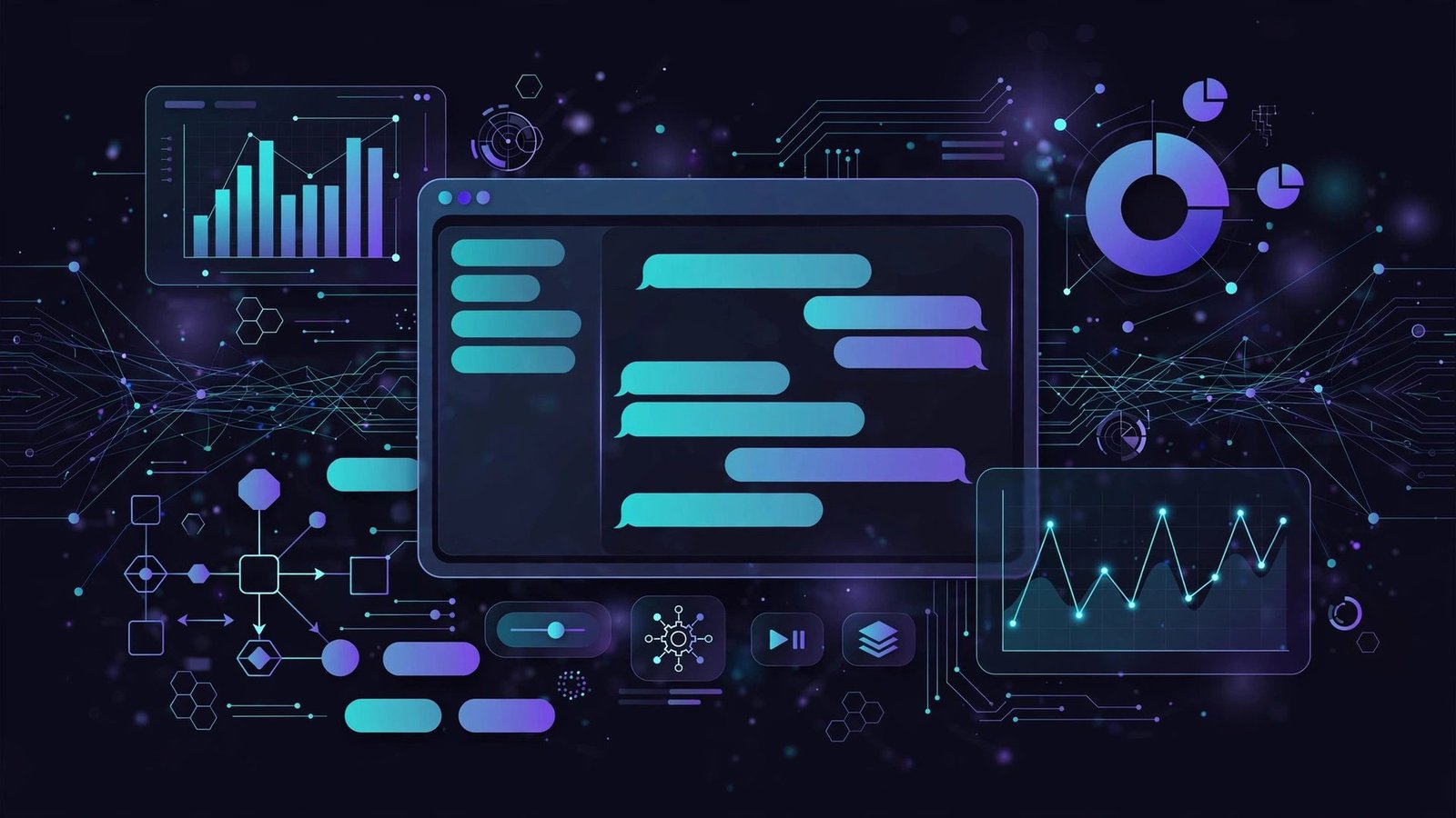 An editorial illustration of a chat window with abstract interactive charts, buttons and panels, symbolising an AI interface that builds visual tools.