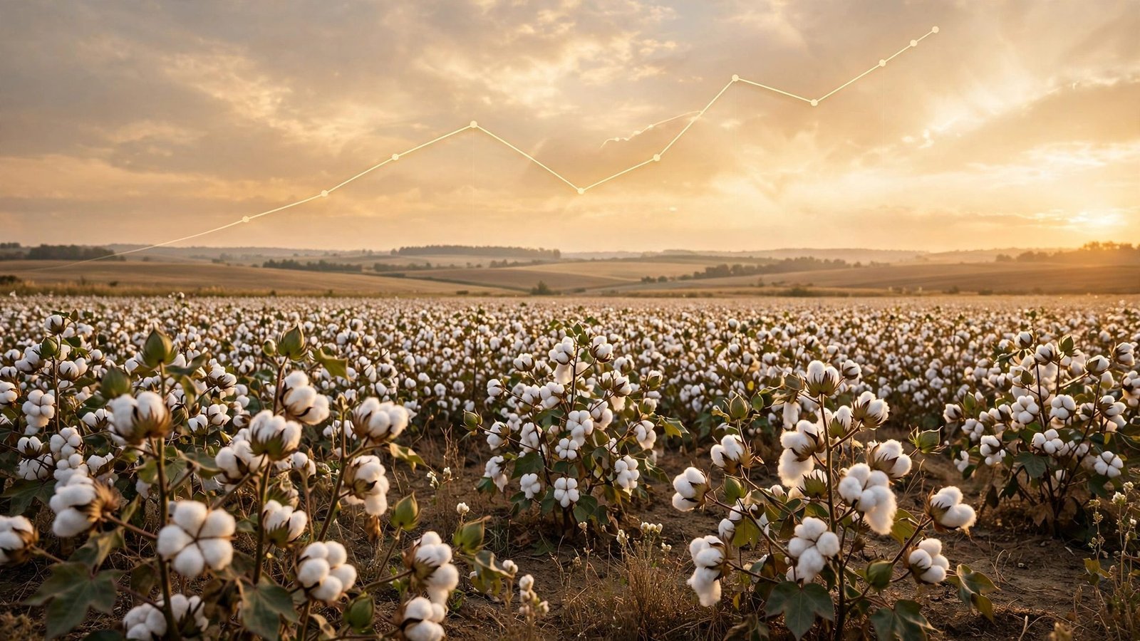 Editorial illustration of white cotton bolls in a field at golden hour with an abstract price chart line in the sky.