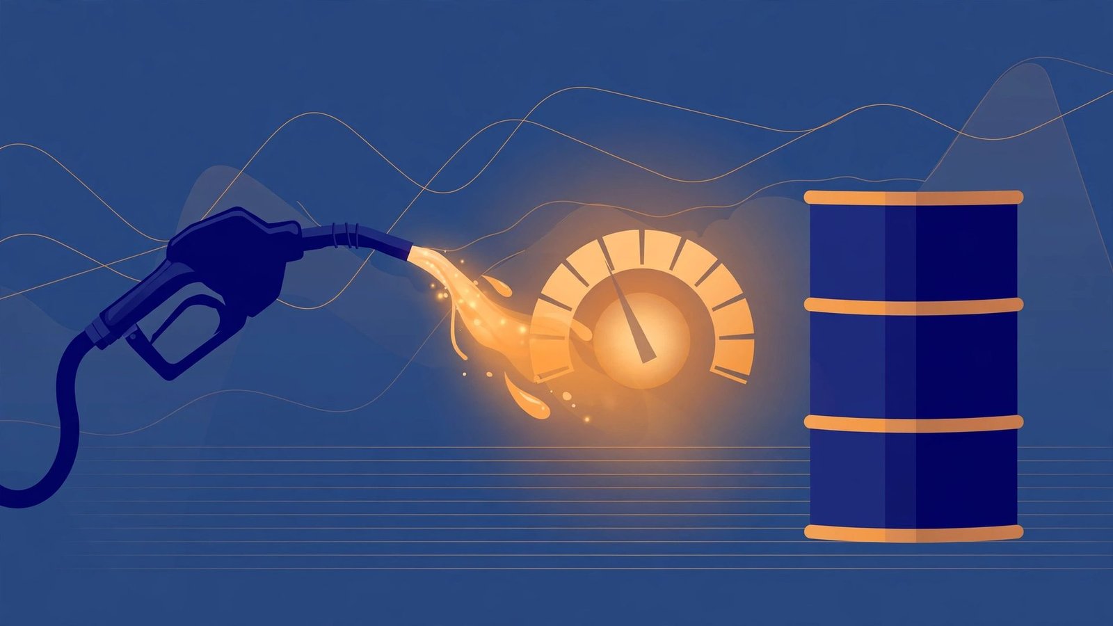Editorial illustration of a petrol pump nozzle, a glowing fuel gauge and an oil barrel against a deep blue background with abstract price-trend lines.