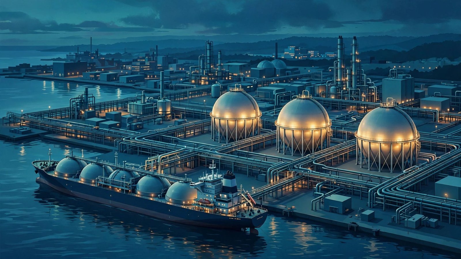 Editorial illustration of LNG carrier ships and industrial gas storage terminals at dusk, symbolising Pakistan's energy supply negotiations.