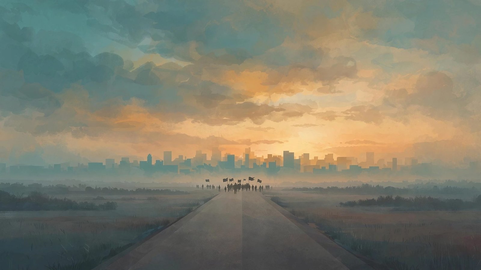 A symbolic editorial illustration of a long road leading toward a distant city skyline at dawn, with small silhouetted marchers representing a political protest march.