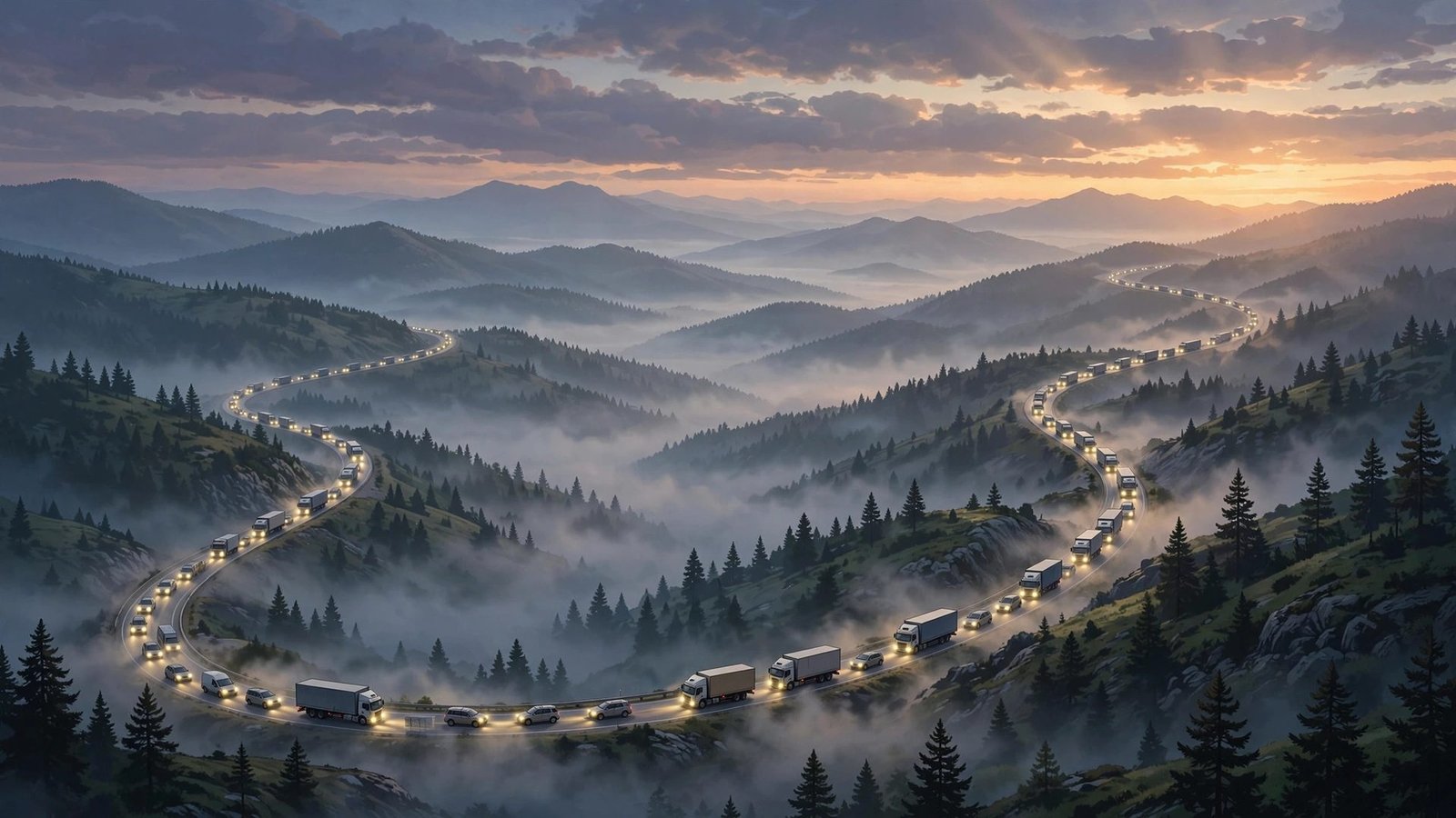 Illustration of a vehicle caravan on a highway through hilly terrain at dawn, symbolising a political long march.