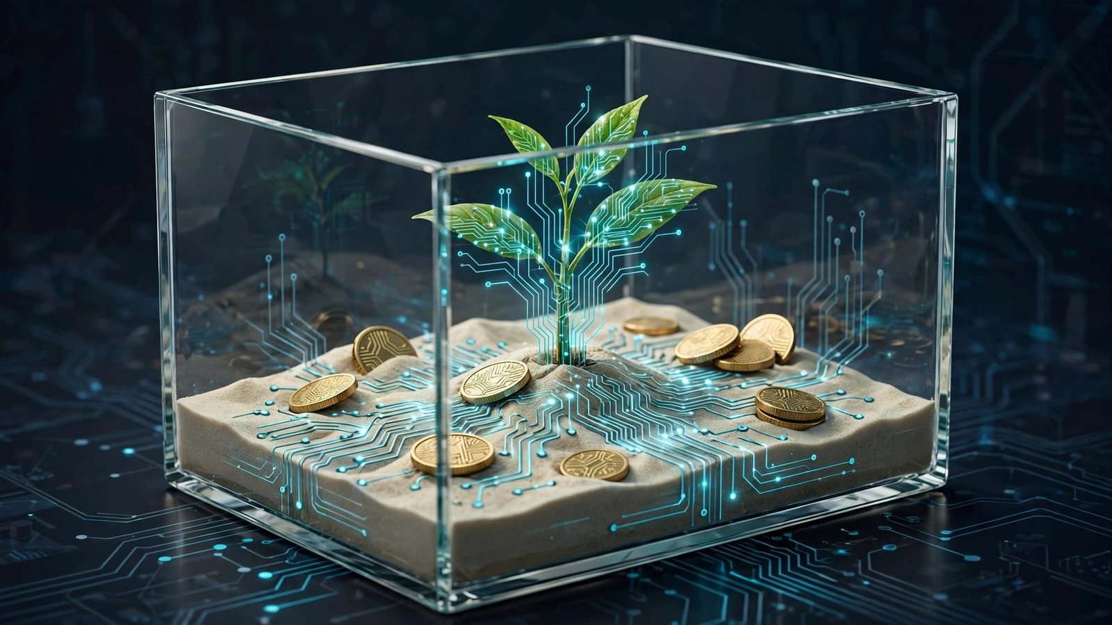 Editorial illustration of a glass sandbox with a growing digital plant and circuit lines, symbolizing fintech innovation testing.