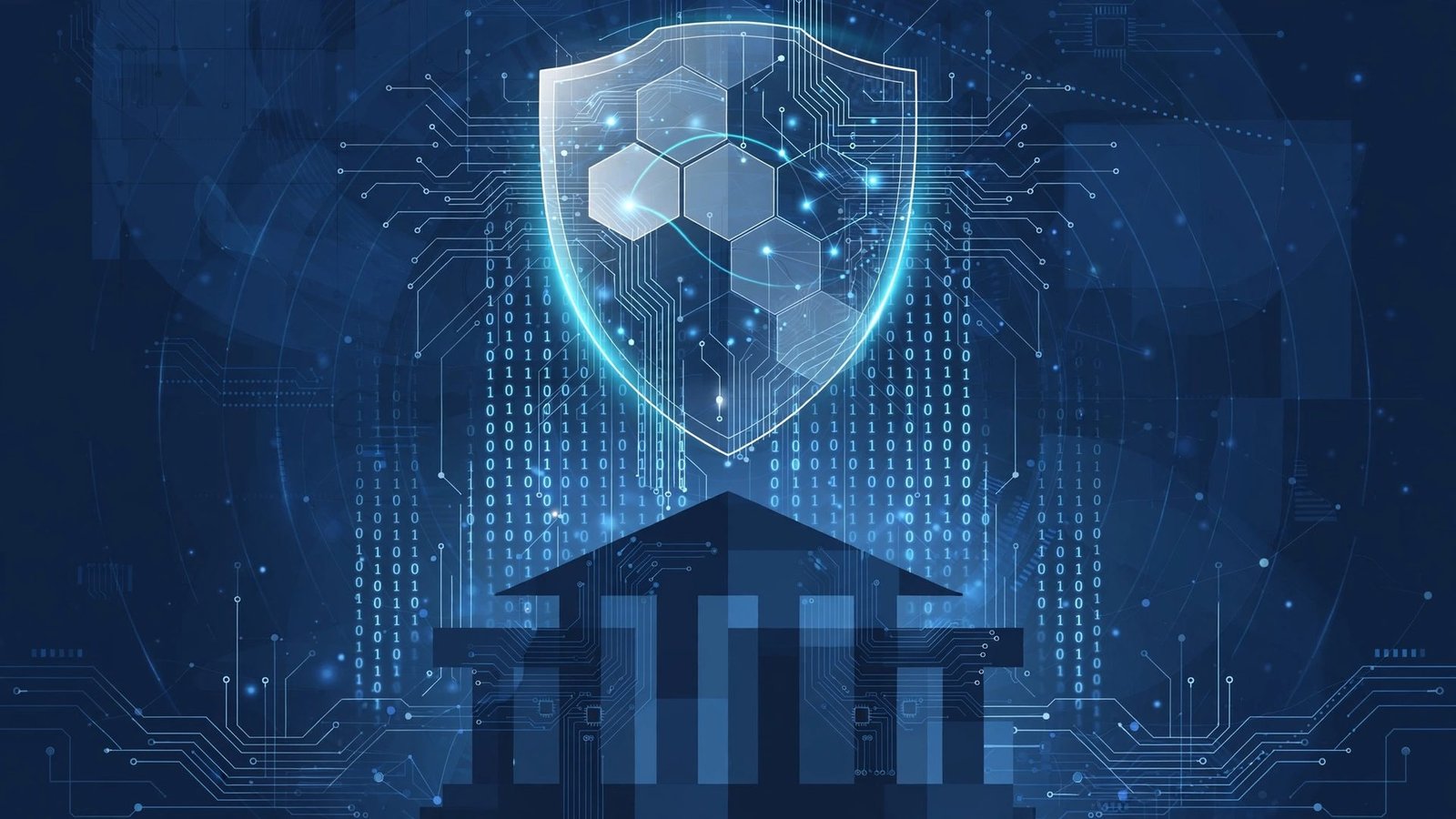 Symbolic editorial illustration of AI-driven cyberattacks on banks and cybersecurity defences