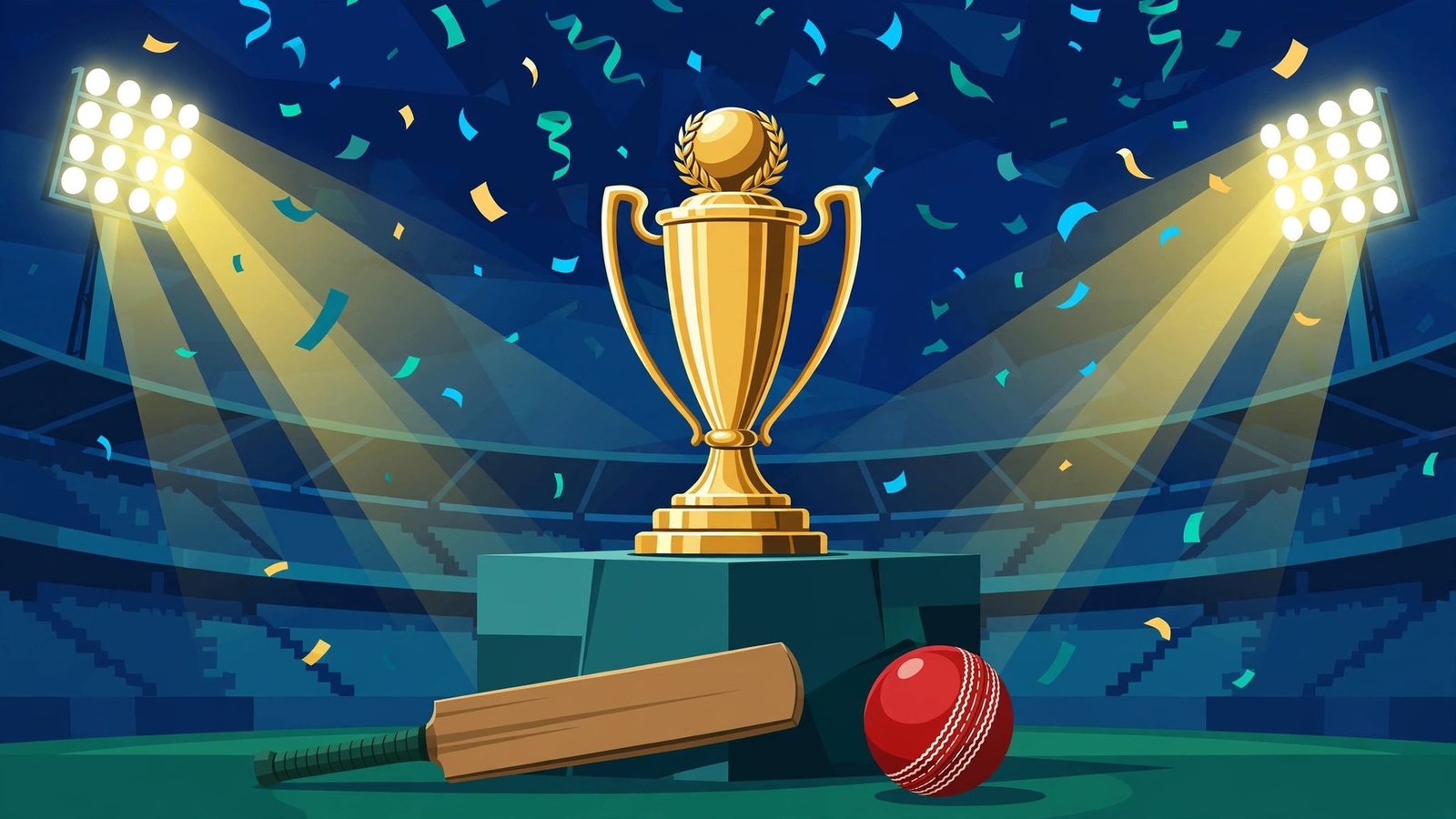 Illustration of a cricket trophy under stadium lights with a generic cricket bat and ball in front, symbolising Pakistan's Hong Kong Sixes title defence.