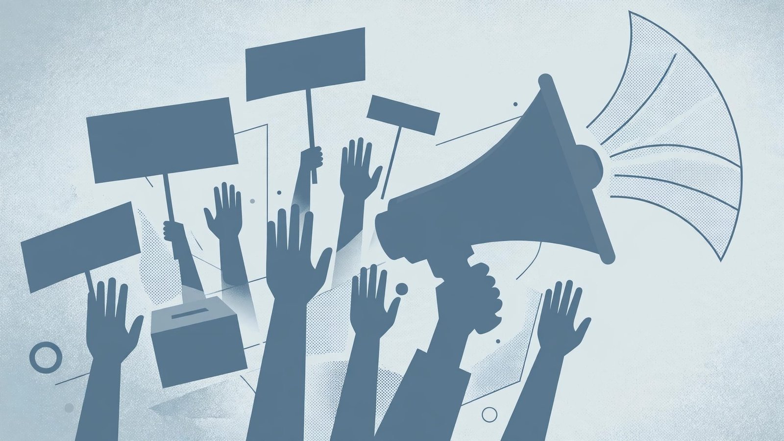 A symbolic editorial illustration showing raised placards and hands at a political protest, in abstract news-graphic style.