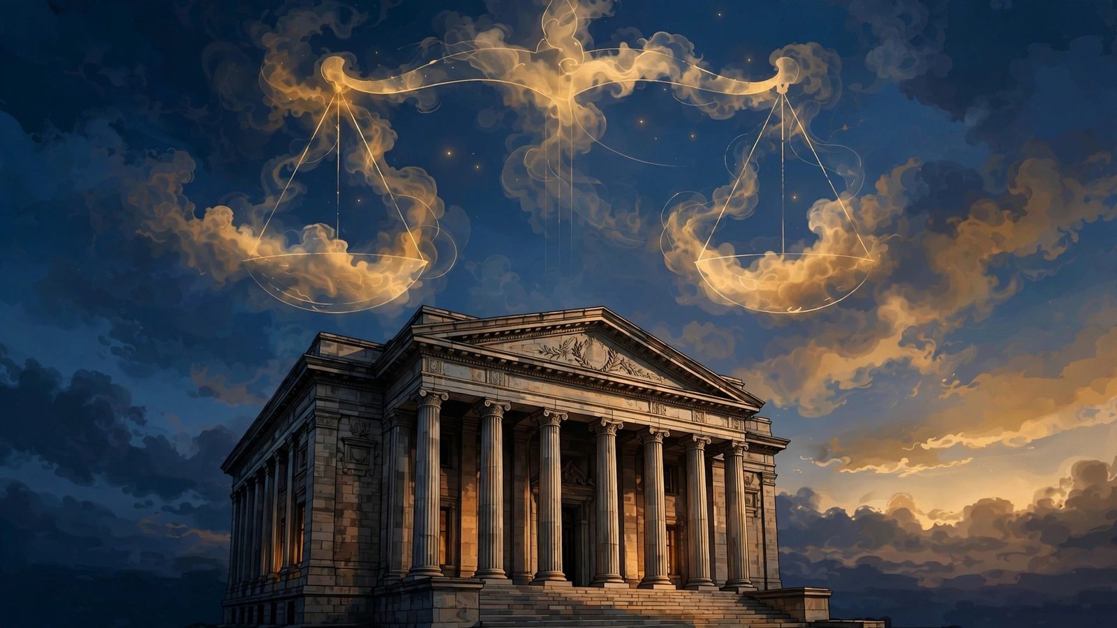 Editorial illustration of a courthouse facade with a scales-of-justice motif in the evening sky