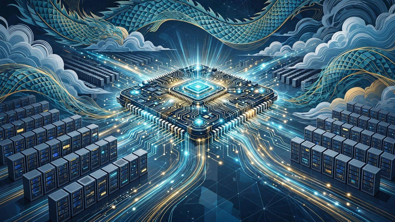 Editorial illustration of a giant microchip with data center servers and abstract cloud motifs, symbolizing the AI computing race.
