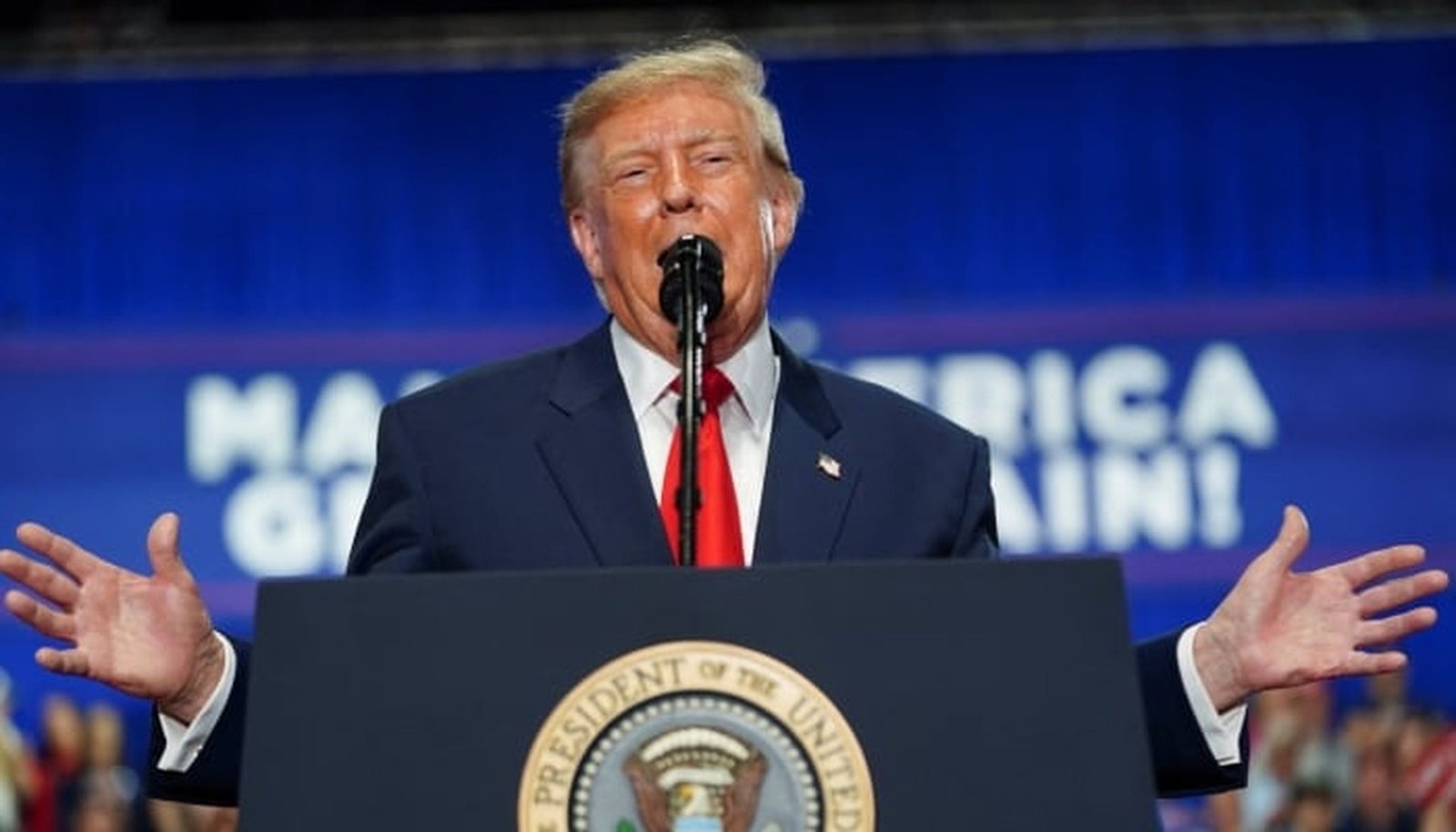 US President Donald Trump speaks to supporters at a campaign rally in Syracuse, New York, on October 9, 2026.
