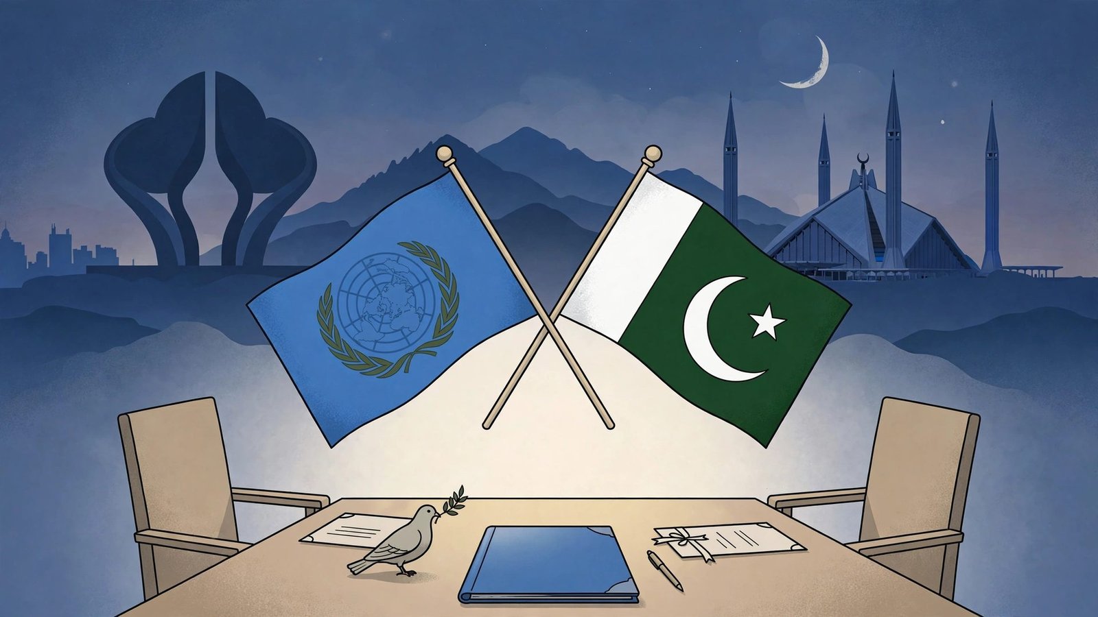 Editorial illustration of a UN secretary-general's diplomatic visit to Pakistan with symbolic flags and Islamabad skyline