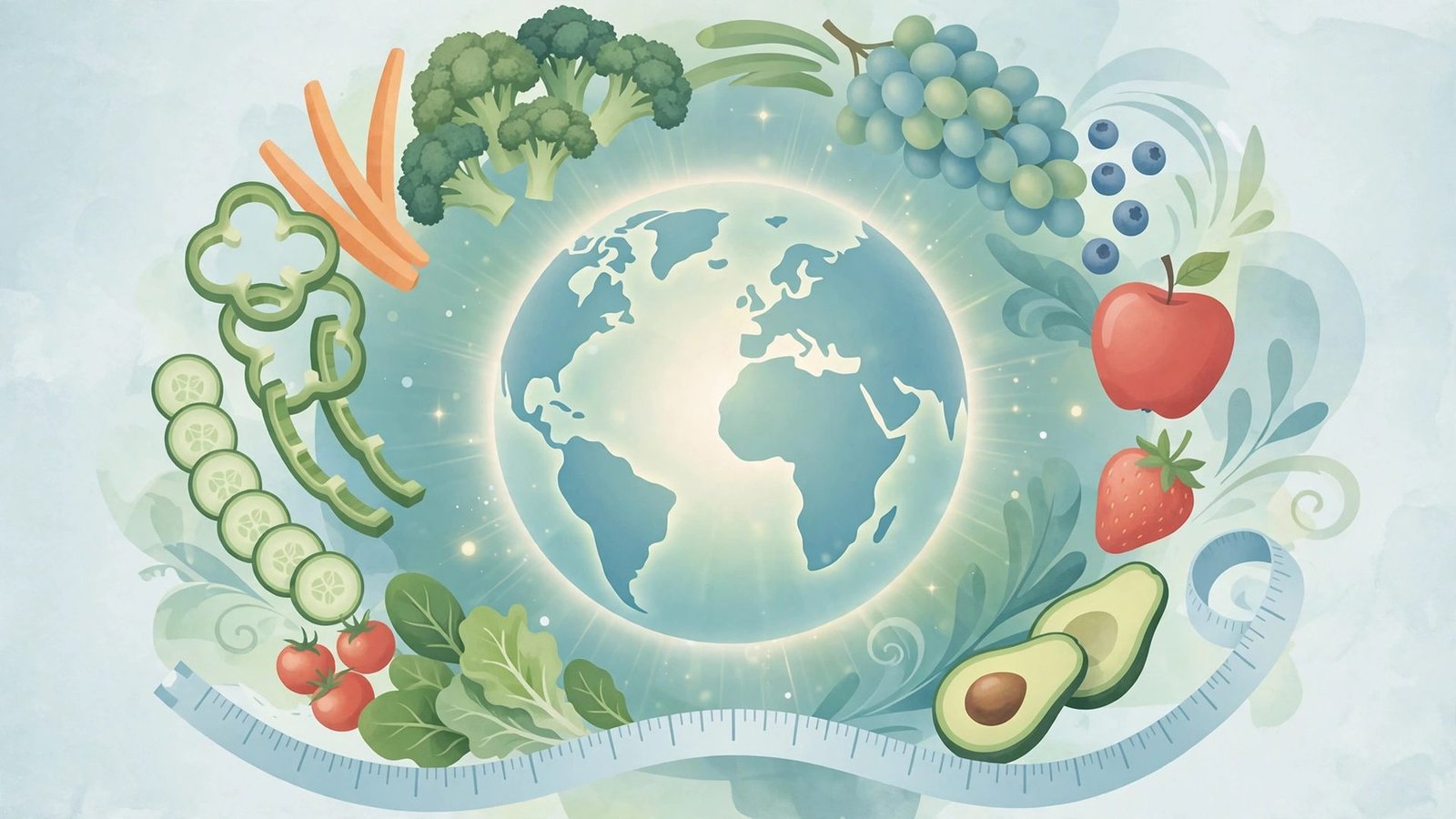 Editorial illustration of fresh vegetables, fruits and a measuring tape arranged around a globe, symbolising healthy eating and childhood wellness.