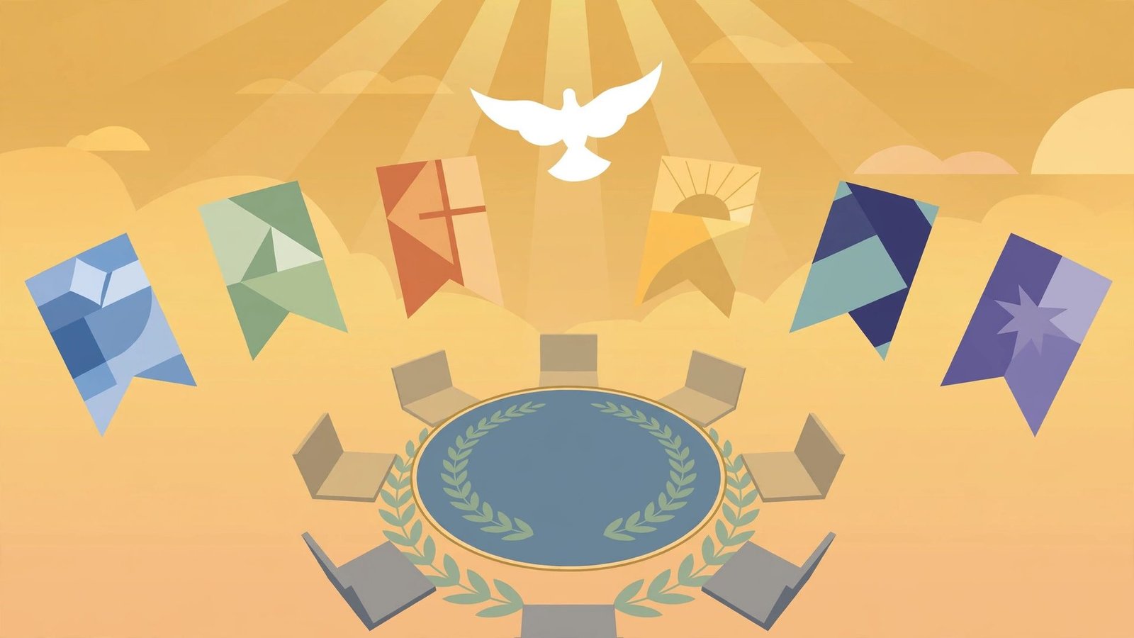 Editorial illustration of a round-table peace negotiation with abstract flags and a dove of peace motif.